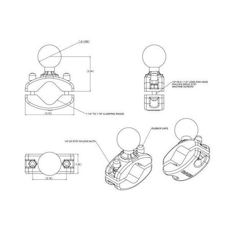 Шариковое основание RAM® Rail Clamp для направляющих 1,25–1,875 дюйма — размер C