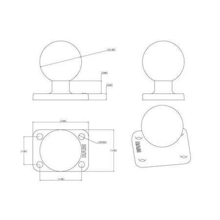 Шариковое основание RAM® с узором из 4 отверстий размером 1 x 1,5 дюйма — размер C